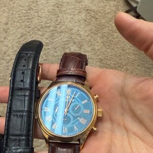 Gold and Blue Watch with Brown Strap